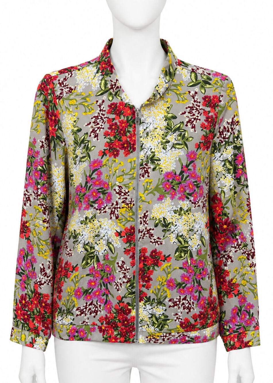 Vintage Kikit Top Size M Green Pink Floral Full Zip Long Sleeve Garden Fairy